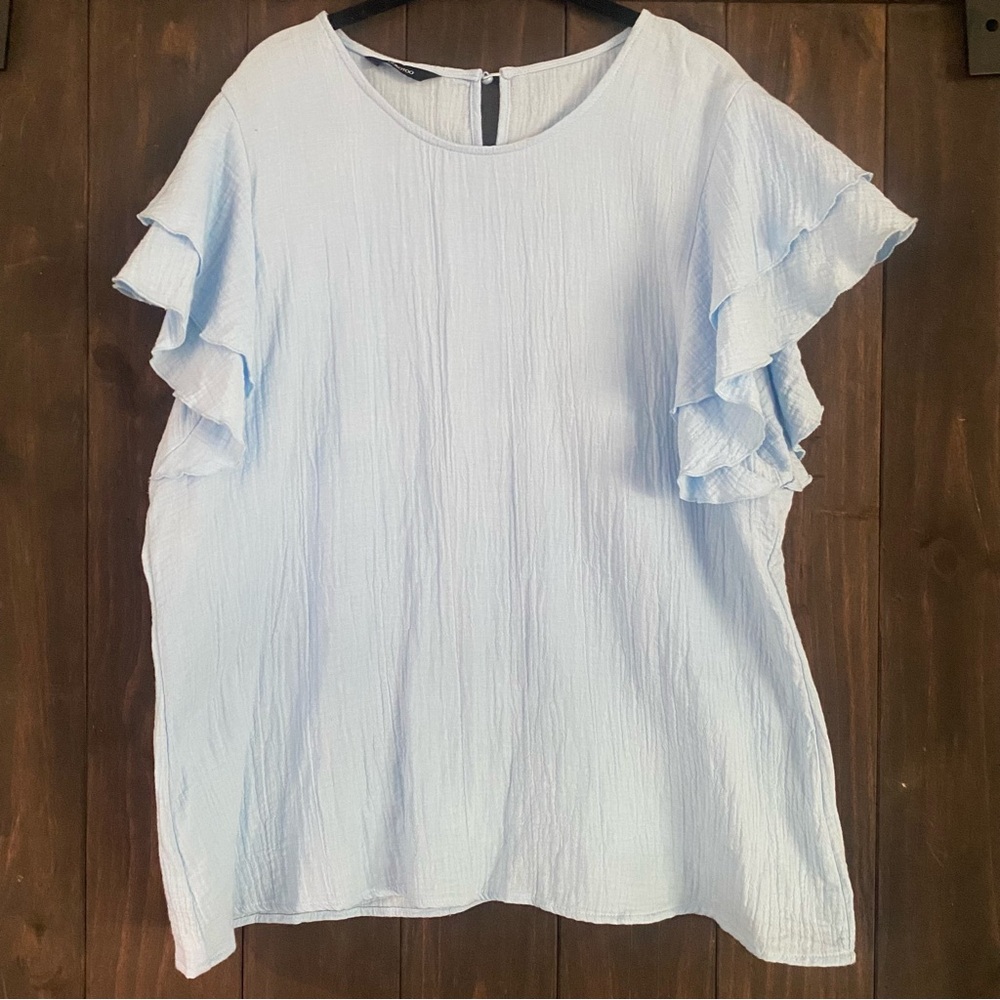 Light Blue Ruffle Sleeve Blouse - Women